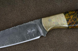 "Tarazed" maker's mark and obverse side detail. Mark is cut deeply into the stainless damascus blade