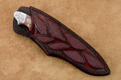 "Thuban" sheathed view. Sheath is deep and protective, with full inlays of rayskin. Sheath is hand-stitched with polyester for durabiliy sealed for longevity and resistance to the elements.
