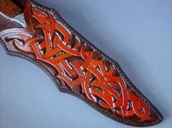 "Tribal" Helhor, sheath front detail. Sheath is made of 9-10 oz. thick leather shoulder, hand-carved, hand-tooled, hand-stitched and sealed.