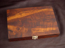 "Trophy Game Set" case view. Case is oiled and waxed Imbuya exotic hardwood over red oak with brass fittings