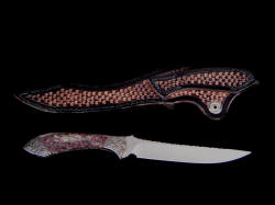 "Tusas" reverse side view. Bronzed sheath is beautiful and metallic, complimenting the colors of the knife handle
