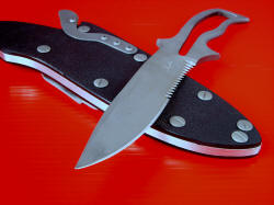 "Viper" skeletonized knife, point detail. Knife point shape is distinctly combat, with a razor-keen edge and good belly