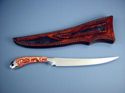 "Volans" Reverse side view. Fine fillet, boning, carving knife, fully finished, sheath tooled front and rear.