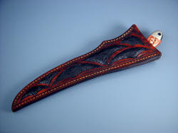 "Volans" sheathed detail. Beautiful inlaid sheath fully protects the knife blade and handle.