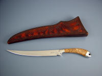 "Volans" fillet, boning, carving knife: 440C high chromium stainless steel blade, hollow ground and mirror finished, 304 stainless steel bolsters, Fossilized Cretaceous Algae gemstone handle, hand-carved leather sheath