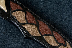 "Vulpecula" sheath front detail. True inlays are set in 9-10 oz. leather shoulder, dyed black and sealed