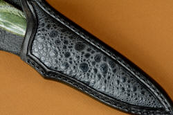 "Vulpecula" sheath front detail. Frog skin is inlaid in thick, heavy leather sholder, sheat is stitched with black polyester