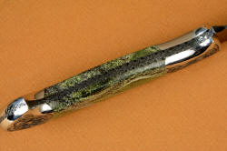 "Vulpecula" inside handle tang view. bolsters are dovetailed to lock bedded gemstone handle scales to tang