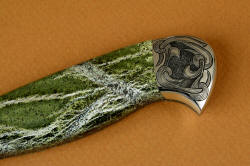 "Vulpecula" obverse side rear bolster 5 power enlargement. Visible is the silvery sheen of the gemstone handle, metallic and bright