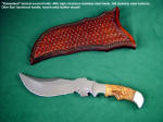 "Flamesteed" tactical survival knife, obverse side view: 440C high chromium stainless steel blade, 304 stainless steel bolsters, Olive Burl hardwood handle, hand-tooled leather sheath