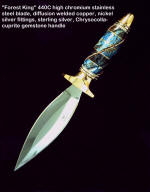 "Forest King" high art collector's fine dagger in stainless steel, diffusion welded copper and nickel silver, chrysocolla gemstone handle, twisted and fluted wire wrapped handle