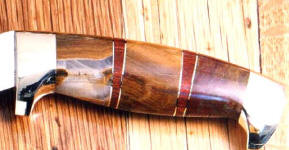 Rhodochrosite gemstone custom handmade knife handle on hidden tang knife with Bloodwood, nicikel silver
