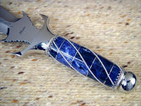 Sodalite gemstone on hidden tang dagger handle, wrapped in sterling silver wire, stainless steel fittings