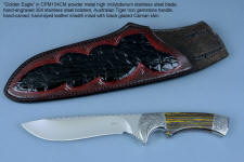 "Golden Eagle" custom knife, stand view in CPM154CM high molybdenum stainless steel blade, hand-engraved 304 stainless steel bolsters, Australian Tiger Iron gemstone handle, hand-carved, hand-dyed leather sheath inlaid with Caiman skin, stand of Ponderosa Pine burl and Red Oak