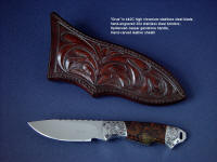 "Grus" obverse side view in 440C high chromium stainless steel blade, hand-engraved 304 stainless steel bolsters, Spiderweb Jasper gemstone handle, hand-carved leather sheath