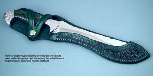 "Ishi" sheathed view. Note display type open knife sheath, color coordination of components