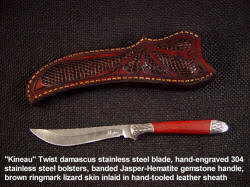 "Kineau" Stainless damascus steel blade, hand-engraved stainless steel bolsters, jasper gemstone handle, lizard inlaid in leather sheath