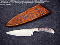 "La Cocina" kitchen, chef's knife in mirror polished 440C high chromium stainless steel blade, 304 stainless steel bolsters, Lace Amethyst gemstone handle, hand-carved and tooled leather sheath