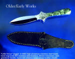 "Little Venus" in 440C high chromium stainless steel blade, hand-engraved 304 stainless steel bolsters, British Colombian Jade gemstone handle, sheath of green lizard skin inlaid in hand-carved leather