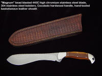 Fine Custom Skinning, Field Dressing Knife: Magnum, Bead Blasted Stainless Steel, Cocobolo Hardwood, Hand-tooled Leather Crossdraw Sheath