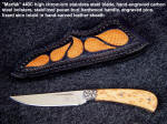 "Marfak" fine small knife, handmade, stabilized hardwood handle, pecan, engraved bolsters, lizard skin sheath