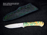 "Mirach," obverse side view, in RWL34 high molybdenum stainless steel blade, stabilized box elder burl hardwood handle, hand-carved leather sheath