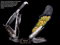 "Morta" in twist damascus welded blade, hand-engraved 304 stainless steel bolsters, ancient Bog Oak handle, hand-carved, hand-dyed leather sheath, hand-cast bronze stands