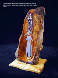 "Amethystine" fine handmade dagger with amethyst and silver handle, stainless steel blade. Stand is carved pine burl, red oak