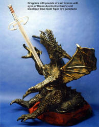 Dragonslayer's sword is over 56" long, and is hollow ground mirror finished 440C high chromium stainless steel. 