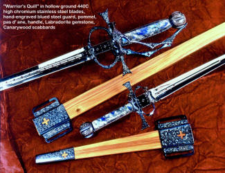 "The Warrior's Quill" has functioning Pas d' ane, which is a device that helps control torsion and flexion at the ricasso of the sword. The blades have nice piercework and cannelures, and are hollow ground. Handle material is Labradorite gemstone