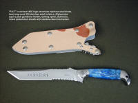 "PJLT" in etched 440C high chromium stainless steel blade, hand-engraved 304 stainless steel bolsters, Afghanistan Lapis lazuli gemstone handle, locking kydex, aluminum, stianless steel, nickel plated steel sheath