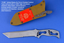 "PJSK" Viper Combat Control Team tactical combat knife, obverse side view in 440C high chromium stainless steel blade, hybrid tension-locking sheath in coyote kydex, tan stainless steel, anodized aluminum, titanium