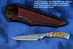 "Phact" fine handmade knife, obverse side view in 440C high chromium stainless steel blade, 304 stainless steel bolsters, Poppy Jasper gemstone handle, hand-carved leather sheath inlaid with rayskin
