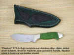 Fine Jade handled skinning knife, ATS-34 Stainless Steel, Nickel silver, Nephrite Jade, Black Rayskin, leather sheath