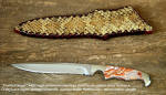"Prairie Falcon" 440C stainless blade, nickel silver bolsters, crazy lace agate gemstone handle, rattlesnake laced sheath