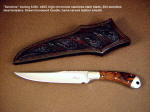 "Sanchez" 440C stainless steel blade, nickel silver bolsters, Desert Ironwood handle, hand-tooled leather sheath