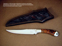"Sanchez" boning, utility knife, obverse side view in ATS-34 high molybdenum stainless steel blade, 304 stainless steel bolsters, Desert Ironwood hardwood  handle, hand carved and tooled leather sheath
