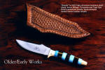 "Sandia" in 440C high chromium stainless steel blade, brass guard and pommel, turquoise, tiger eye quartz gemstone handle, hand-stamped basketweaved leather sheath