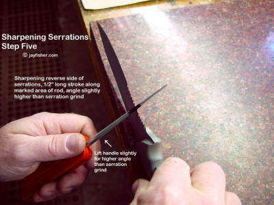 Sharpening knife blade serrations, sharpening reverse side, removing burr
