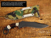 "Argiope" tactical combat knife with die-formed high strength aluminum belt loops in camo kydex sheath