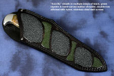 "Axia EL" fine handmade knife sheath front view in T3 deep cryogenically treated CPM 154CM high mollybdenum powder metal technology martensitic stainless steel blade, 304 stainless steel bolsters, Linda Marie Moss Agate gemstone handle, hand-carved leather shoulder inlaid with green, black ray skin