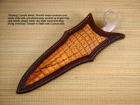 Knife sheath for "Bulldog" in Crazy Lace Agate gemstone. Full panel inlay of caiman skin, tight stitching through sheath welts, face, and back