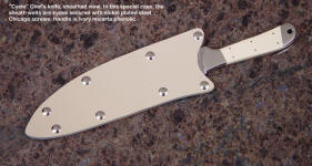 Sheath view of Cyele chef's knife in kydex with kydex welts on slip sheath for kitchen, transport, storage