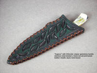"Cygnus" knife in hand-carved and tooled leather sheath, hand-laced