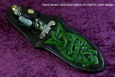 "Darach" (Celtic Oak), obverse side view in hand-engraved 440C high chromium stainless steel blade, hand-cast, hand-engraved bronze guard and pommel, nephrite jade gemstone  handle wrapped with sterling silver, hand-carved, hand-dyed leather sheath