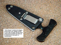 "Grim Reaper" sheath back. Note nickel plated steel boot, belt, utility clip to secure knife sheath in a variety of wear options