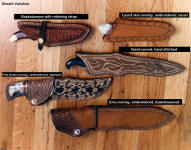 A group of knife sheaths and a variety of sheath finish and embellishment options
