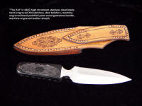 "The Kid" with engraved leather sheath that matches engraving on knife gemstone handle and bolsters