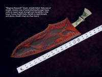 Sheath view: "Maginus-Nasmyth" khukri, showing double run stitching of polyester sinew in leather sheath welts, face, and back