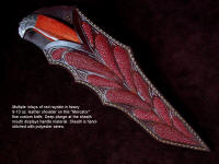 "Mercator" custom knife, obverse side view in 440C high chromium stainless steel blade, hand-engraved 304 stainless steel bolsters, Snakeskin Jasper gemstone handle, red rayskin inlaid in hand-carved leather sheath